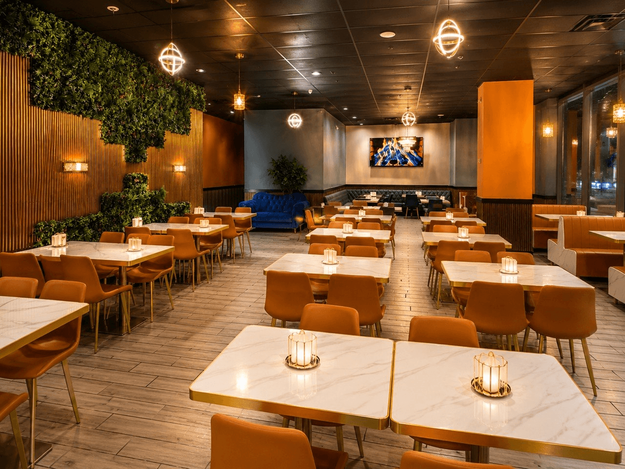 Warmly lit dining room at Ziafat Restaurant