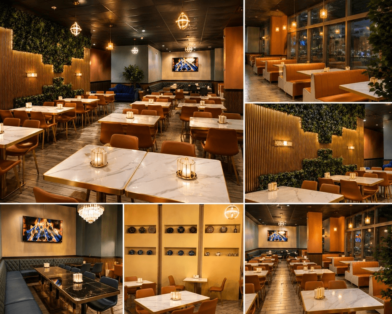 Views of Ziafat's dining room, booths, and event seating